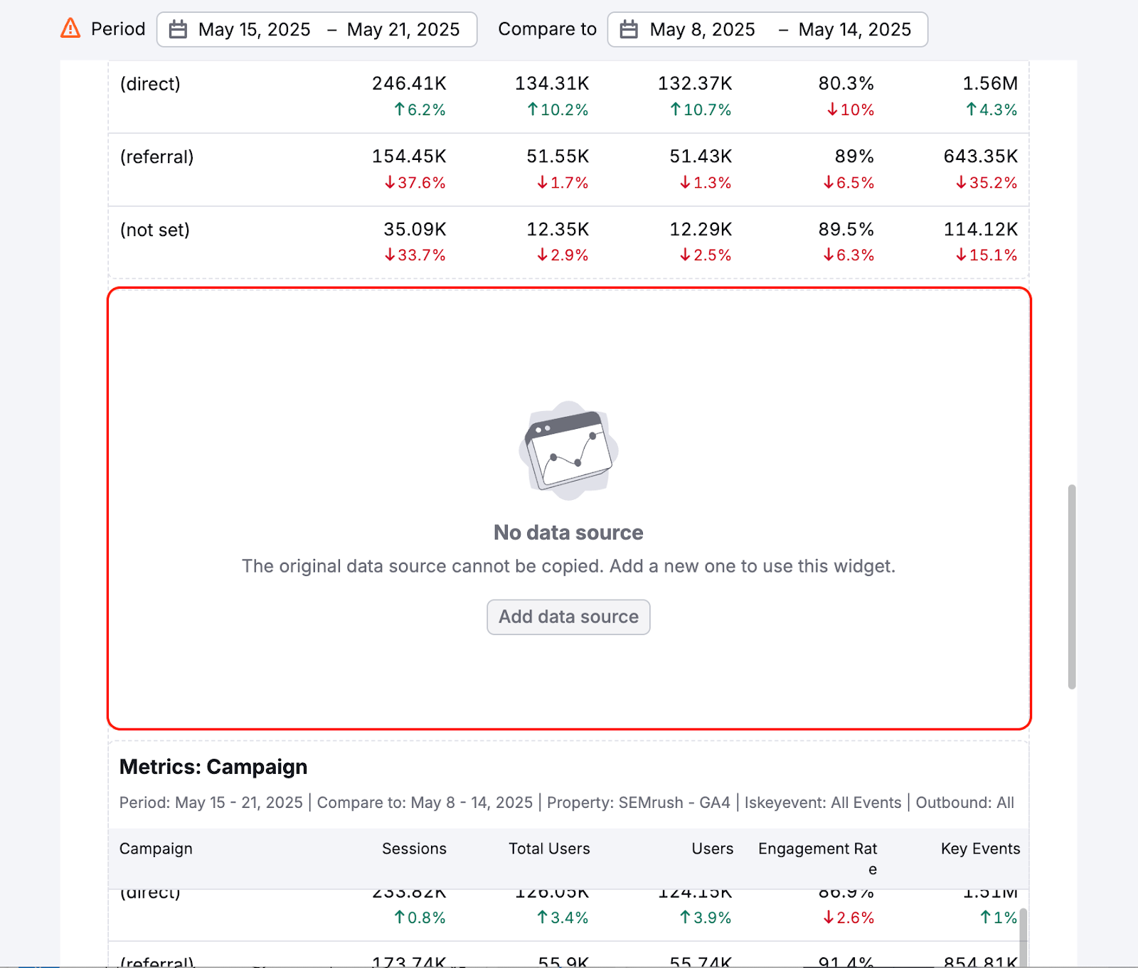 Notification prompting the user to connect their own data source for the new widget.