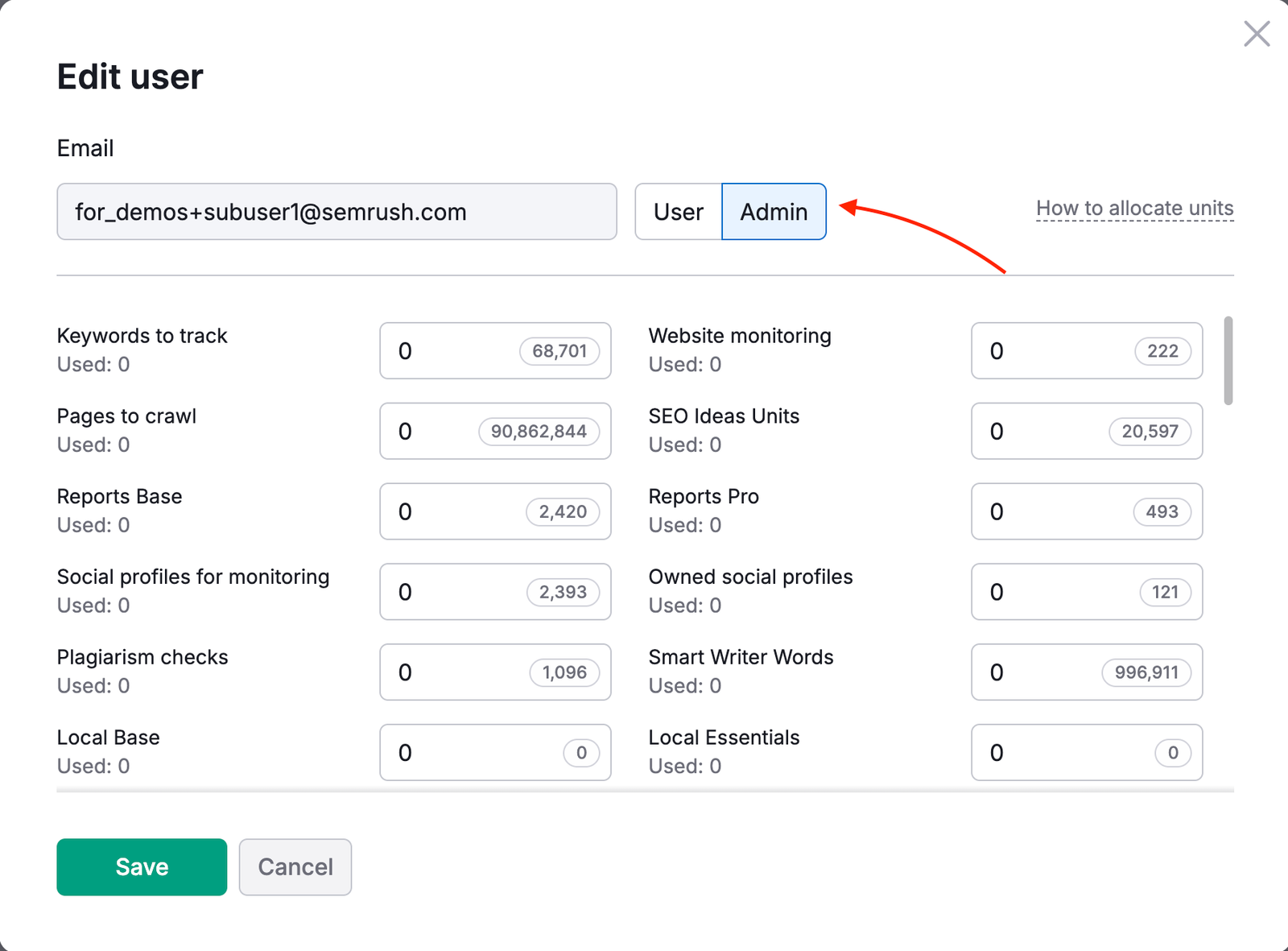 Set each team member as an Admin or a User.