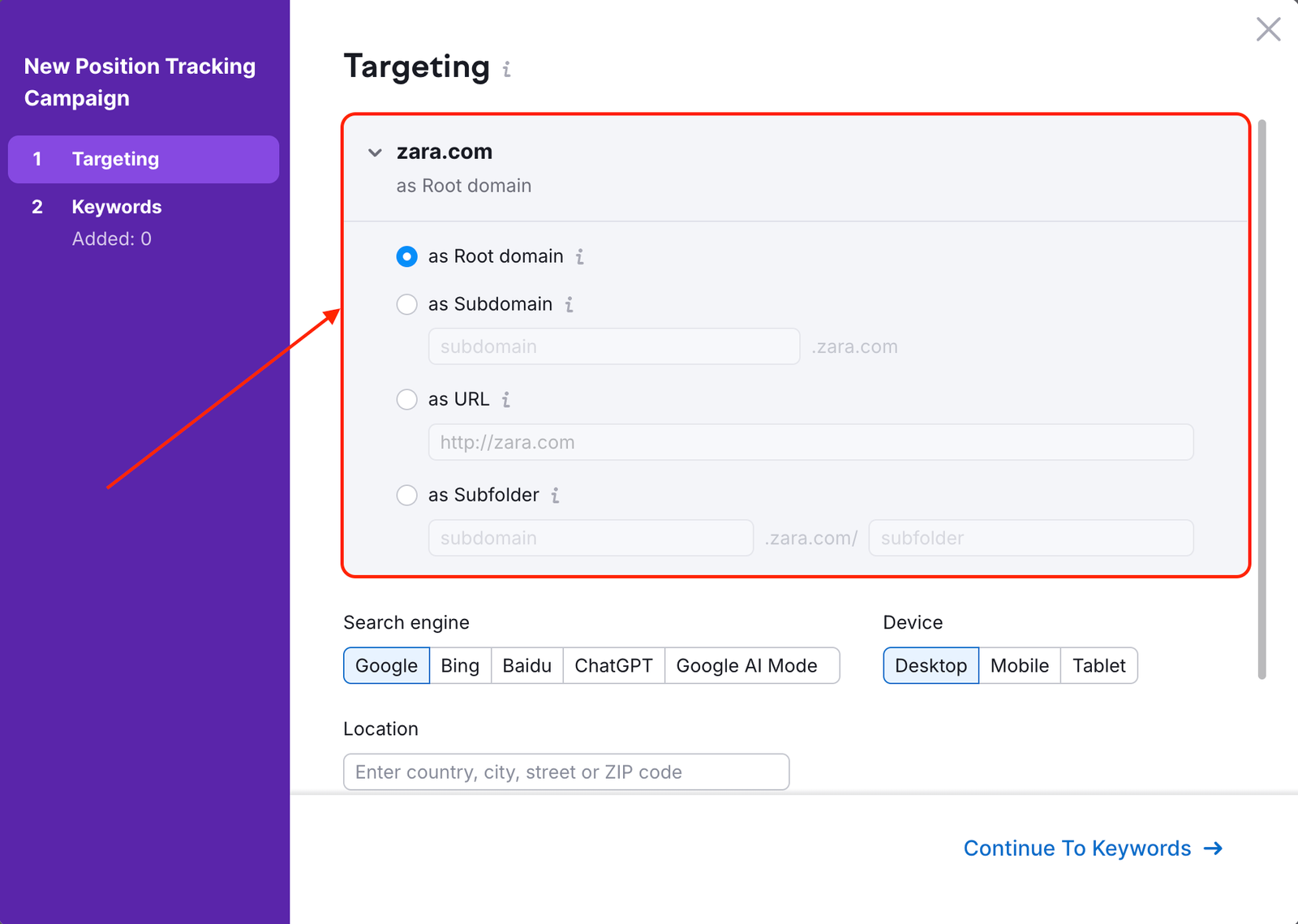 Position Tracking configuration window – Targeting. A rectangle and an arrow are highlighting the drop-down with the target selection.
