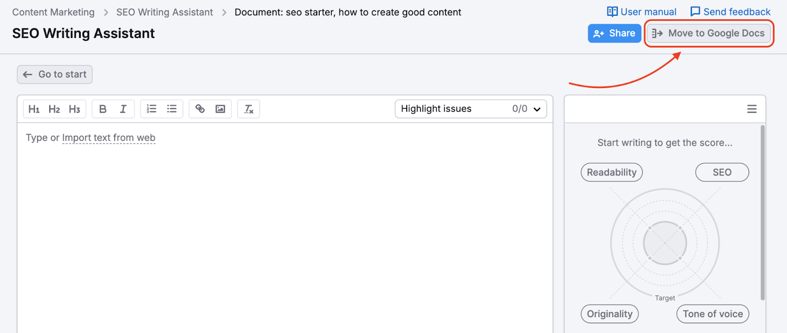 SEO Writing Assistant interface with an arrow pointing to the &ldquo;Move to Google Docs&rdquo; button.