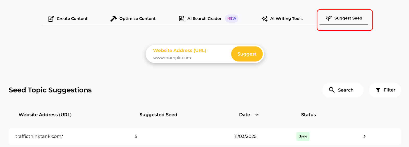 The Suggest Seed Topics tab in the SERP Gap Analyzer.