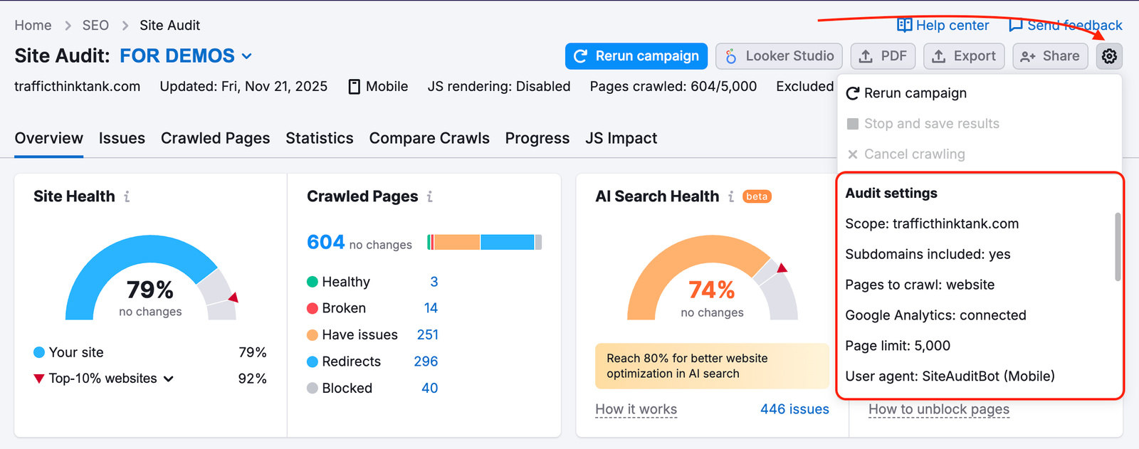 Site Audit Overview report with the settings menu opened via the gear icon on the top right. The settings menu is a dropdown and can be scrolled down for additional settings options. The list of such options is highlighted with red, as well as the gear icon, to make them easier to find.