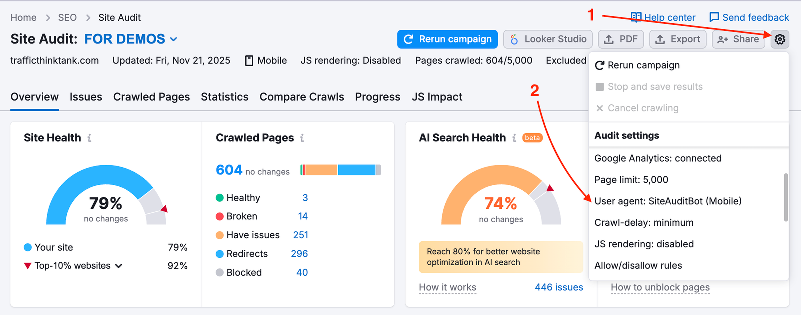 Instruction on where to find the user agent settings in Site Audit. In Overview report, the gear icon on the top right is highlighted to indicate the dropdown menu that opens when user clicks on it. The settings menu can be scrolled down to find the exact settings needed, user agent setting in this case (this line is highlighted in the menu as well).