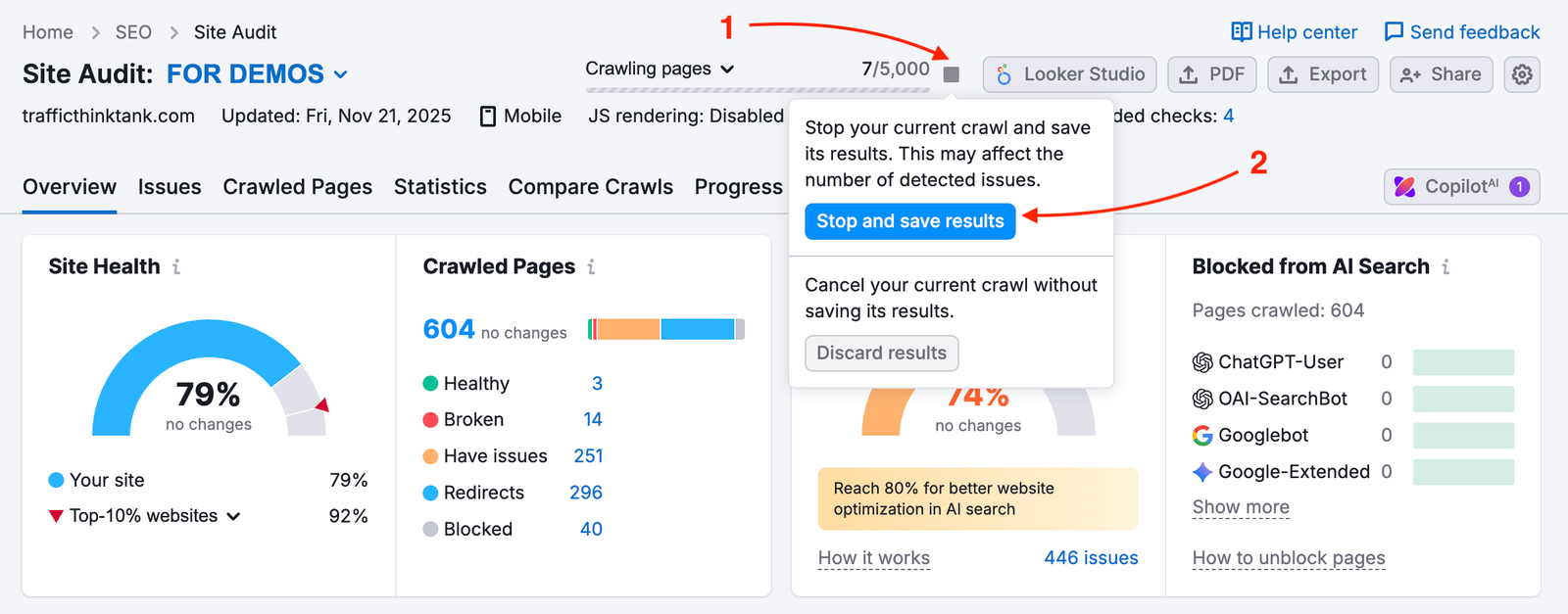 One of the options to stop and save results before the Site Audit is finished.
