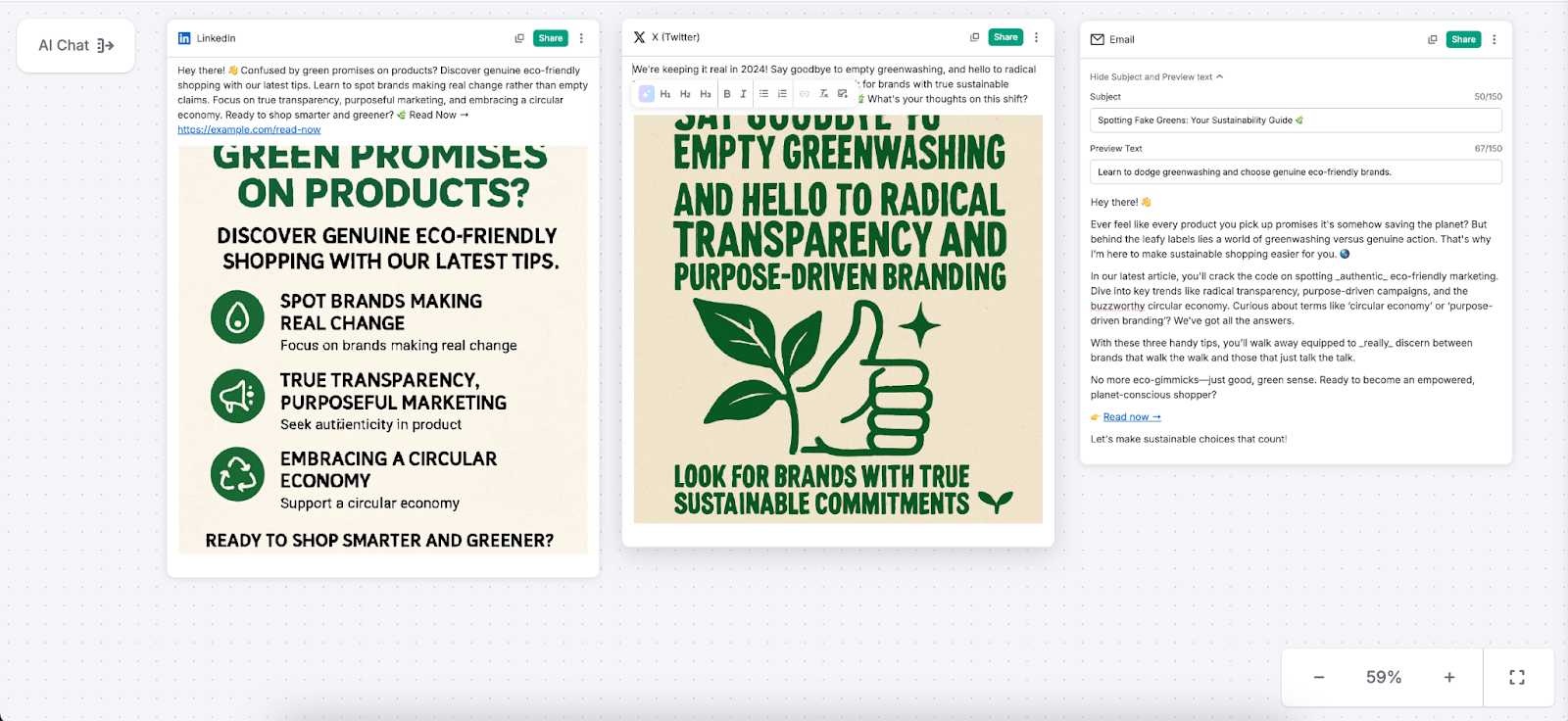 Cards labeled LinkedIn, Twitter, and Email in the “Repurpose article” workflow.