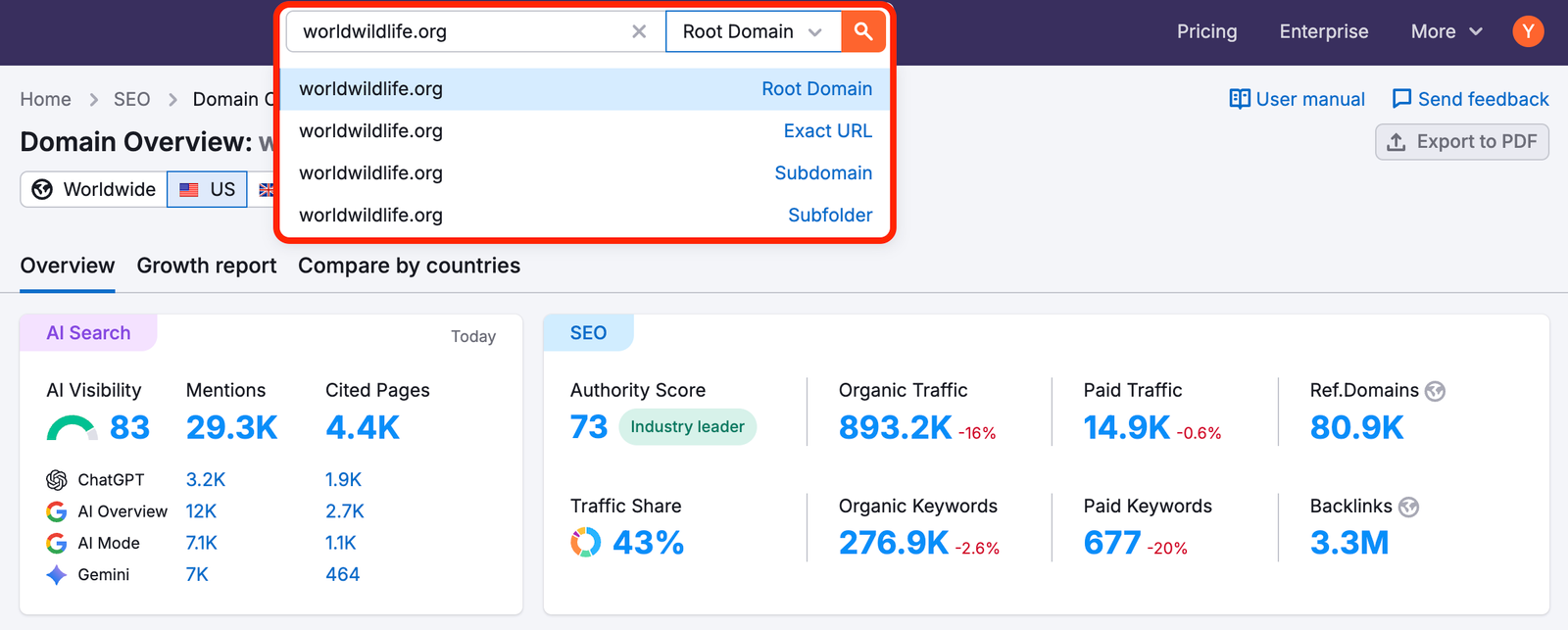 After entering a website into a search bar, open the dropdown menu via the arrow icon on the right. The list of available options (root domain, exact URL, subdomain, subfolder) will be available for selection.