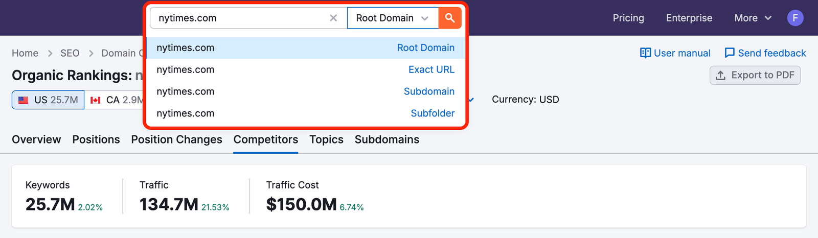 Organic Rankings Overview report open with the top interface visible. The expanded search bar displays options to query a root domain, subdomain, subfolder, or exact URL.