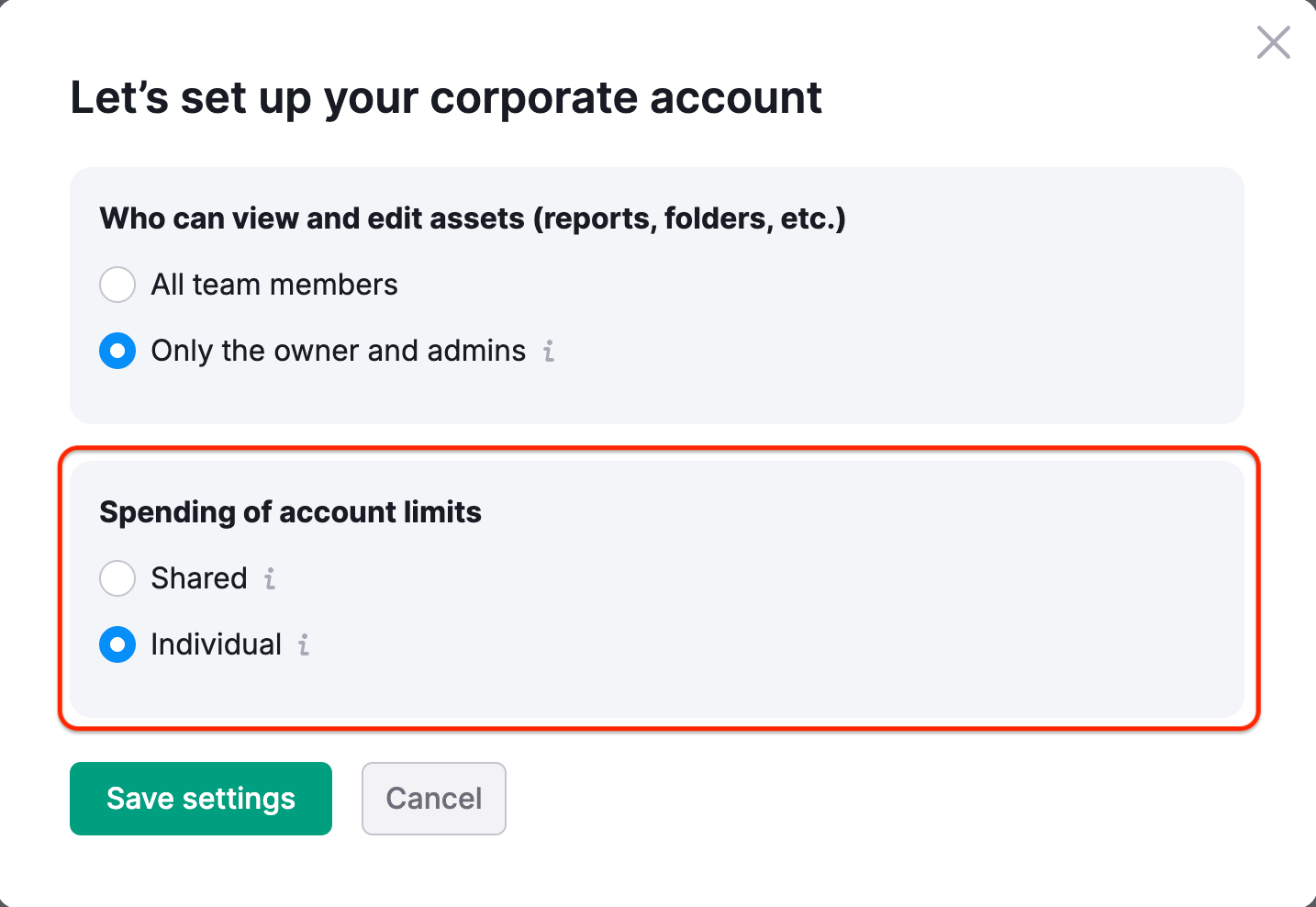 Interface showing limit sharing options, including individual limits and shared limits.