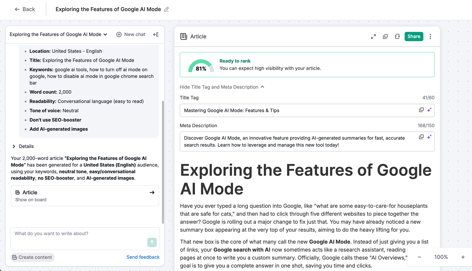 Chat and Board workspace showing Chat on the left and a content board with cards on the right.